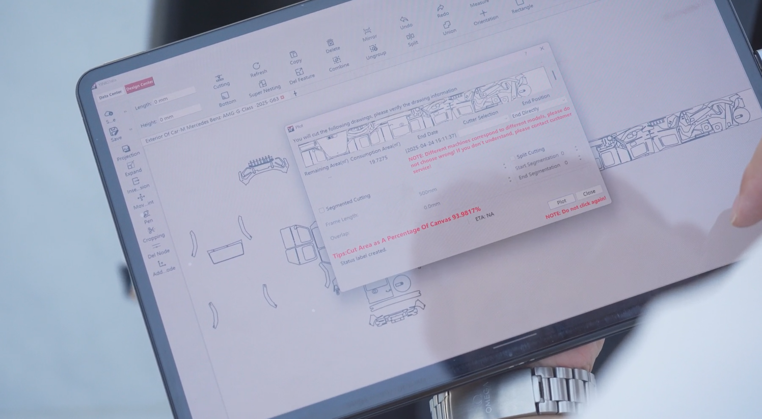 PPF cutting software interface showing vehicle template layout and design center editing