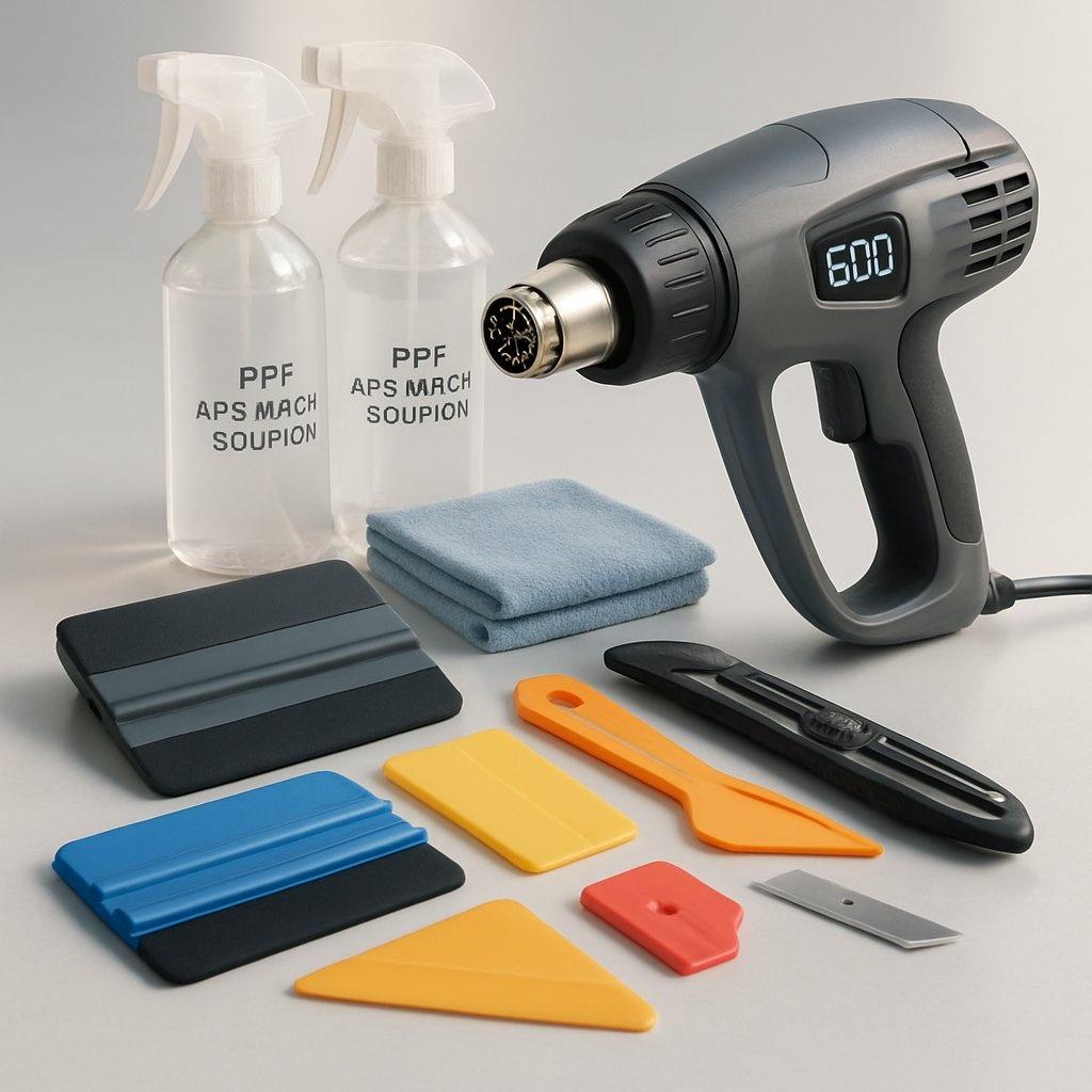 Basic PPF installation tools including squeegee, knife, heat gun and spray bottle