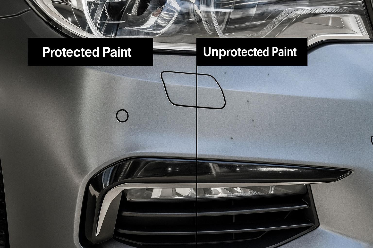 Comparison of car paint with and without paint protection film showing protection difference