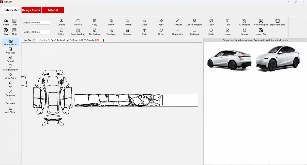Tesla Model Y avtomobilining naqshlarini aks ettiruvchi YINK dasturi, PPF o'rnatish uchun raqamli naqsh tayyorlash va oldindan kesilgan ish jarayonini ko'rsatadi.