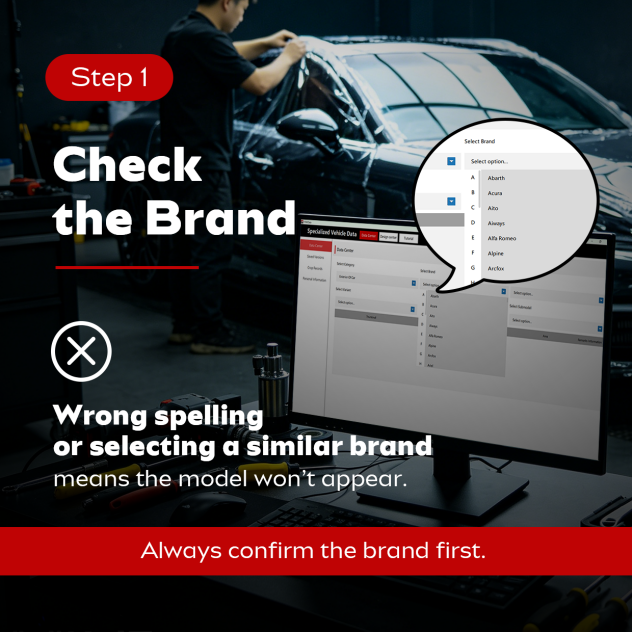 YINK vehicle database interface demonstrating brand selection during vehicle search.