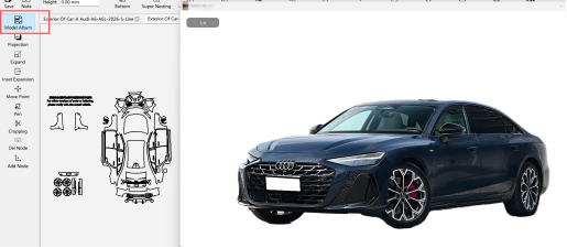 YINK Model Viewer displaying real vehicle photo with corresponding PPF cutting pattern data