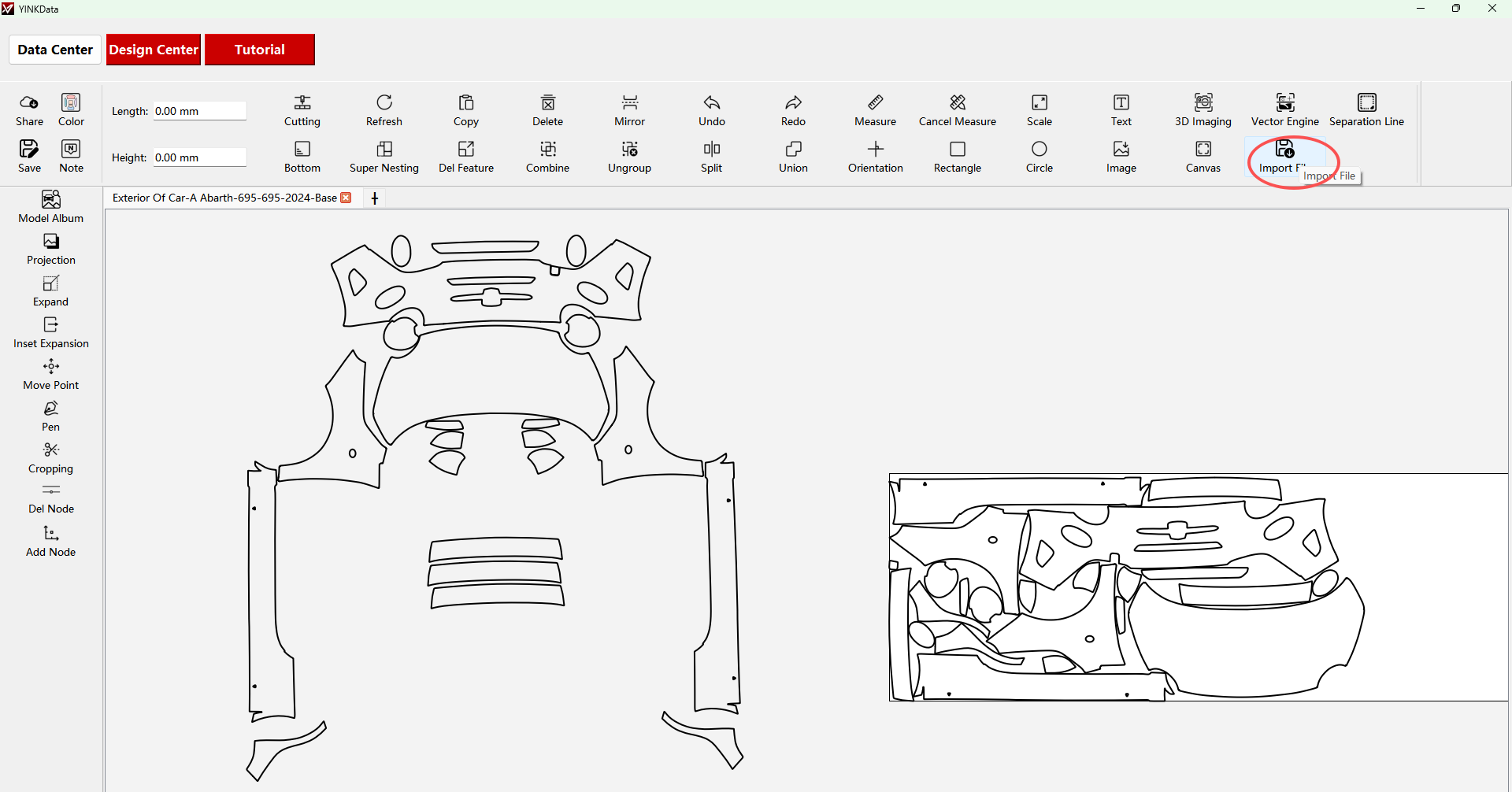 YINK cutting software interface showing imported SVG file and layout ready for cutting